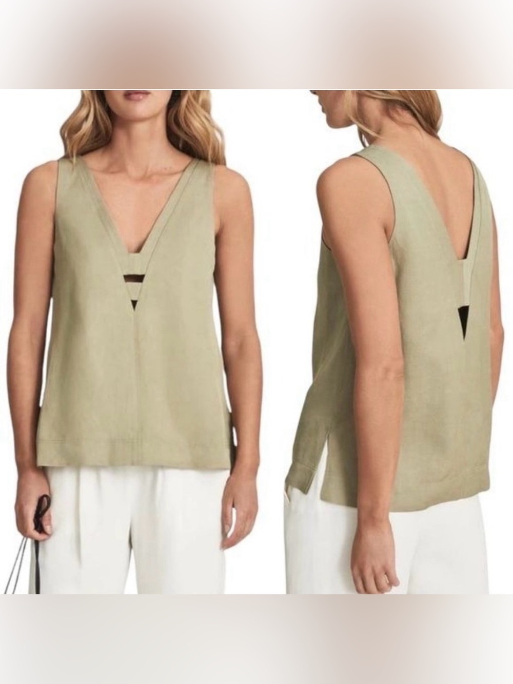 REISS Emi Cutout Tank Top Sleeveless Cutout Blouse In Khaki Olive Green 14